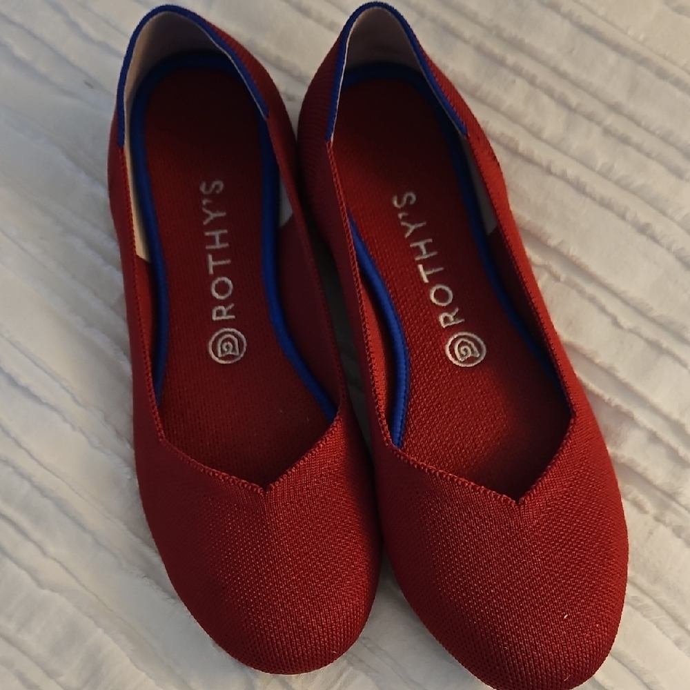 Rothy's Women's Scarlet Red Flats with Blue Trim. Very good clean condition